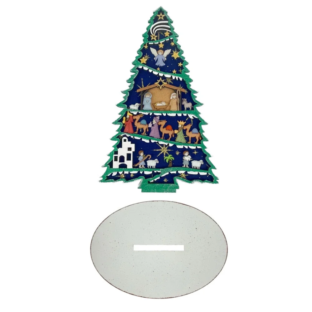 Wooden Nativity Tree Holiday Tabletop Decor in Green and Blue